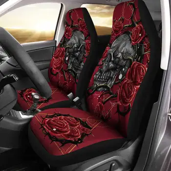 Калъфи за автомобилни Седалки с Черепа, Изработени по Поръчка Аксесоари за Интериора на Колата на Червения Цвят с Цветен Модел, Комплект от 2 Универсални Защитни Покривала за Предните Седалки