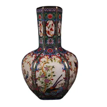 Китайската стара порцеланова шестоъгълен ваза със златен емайл модел във формата на цветя и птици