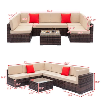 Комплект градинска мебел и Напълно Оборудван Диван от плетеного ратан с 2 ъглови дивани и 4 единични дивани и холна маса 1 бр.