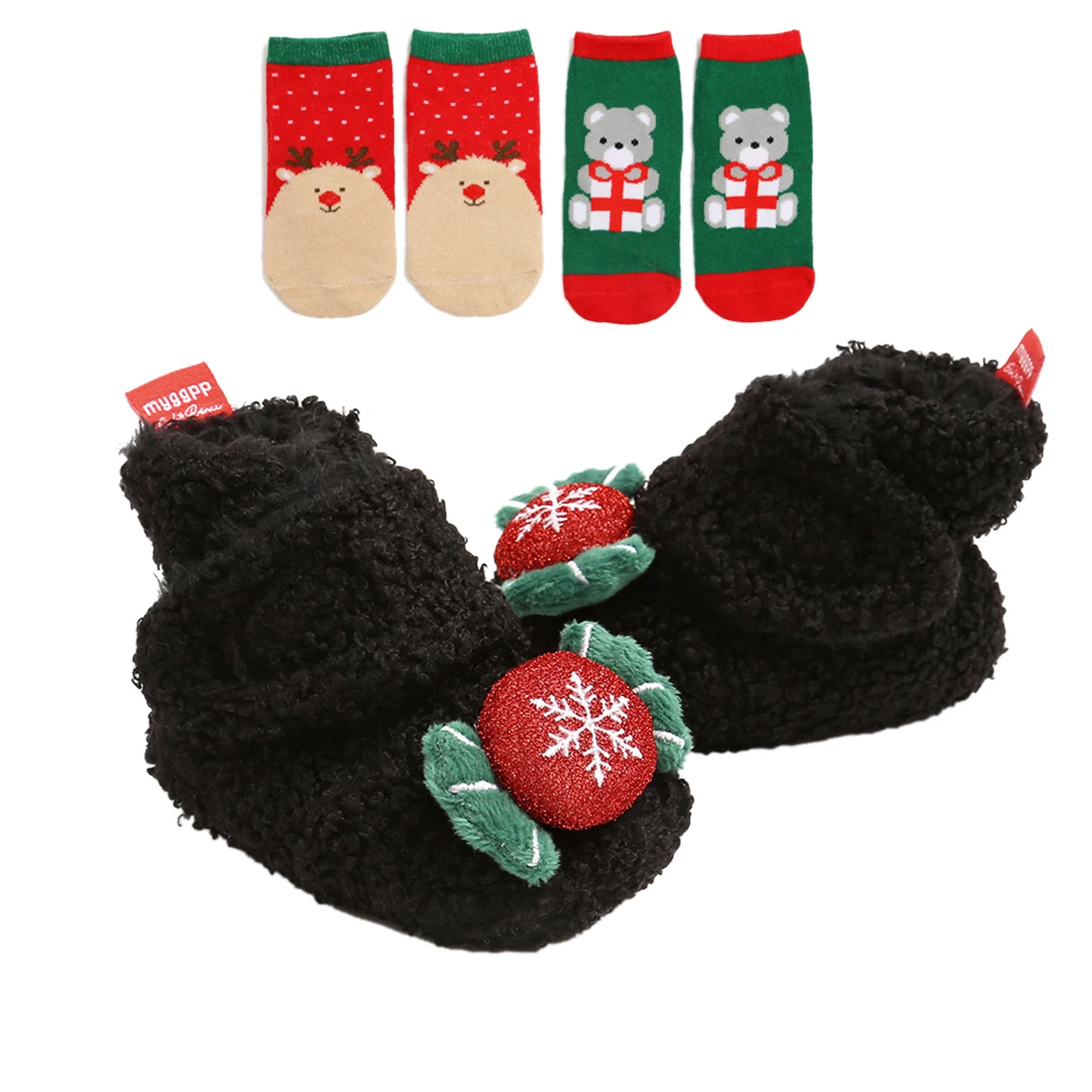 Комплект детски Коледни пинеток и чорапи, Зимни Топло Руното обувки за детски креватчета и чорапи, комплект от 3 теми, Руното дрехи за Коледен фестивал