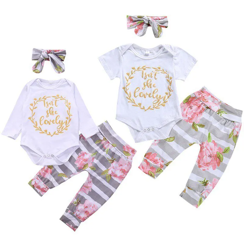 Комплект дрехи за малките момичета 0-12 месеца, Гащеризон с надпис + Панталони с флорални принтом + забрадка, Комплект Дрехи за малките момичета