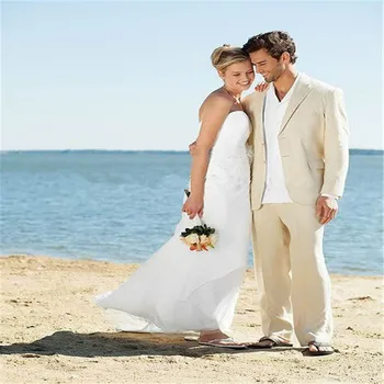 Ленени костюми с цвят на слонова кост, Плажни Сватбени Костюми За Мъже, Изработена по поръчка Бельо Костюм, смокинг на младоженеца, идеален избор за една гореща лятна Сватба