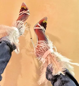 Летни дамски сандали на висок ток с остър отворени пръсти, украсени с пера, обувки на висок ток с преминаването каишка и плетене на една кука-линия