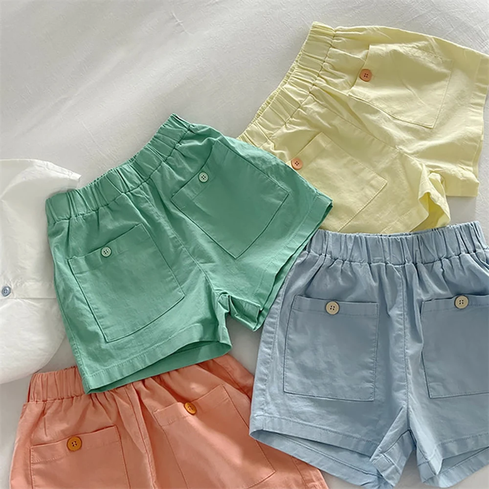 Летни къси Панталони за момичета и Момчета в корейски стил с еластичен ластик на талията и Голям джоб, Детски Къси Панталони в ярки цветове, Ежедневни Тънки Топли Панталони от 1 до 6 години