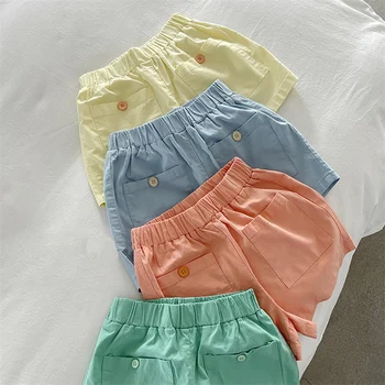 Летни къси Панталони за момичета и Момчета в корейски стил с еластичен ластик на талията и Голям джоб, Детски Къси Панталони в ярки цветове, Ежедневни Тънки Топли Панталони от 1 до 6 години