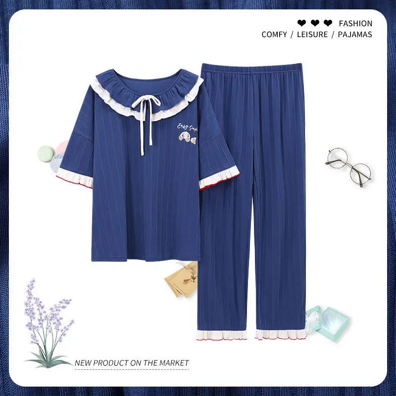 Летни Пижами Дамски Свободни 2021 Нови Панталони с къси ръкави Костюм Пролетни и есенни модели Могат да се носят извън дома дрехи