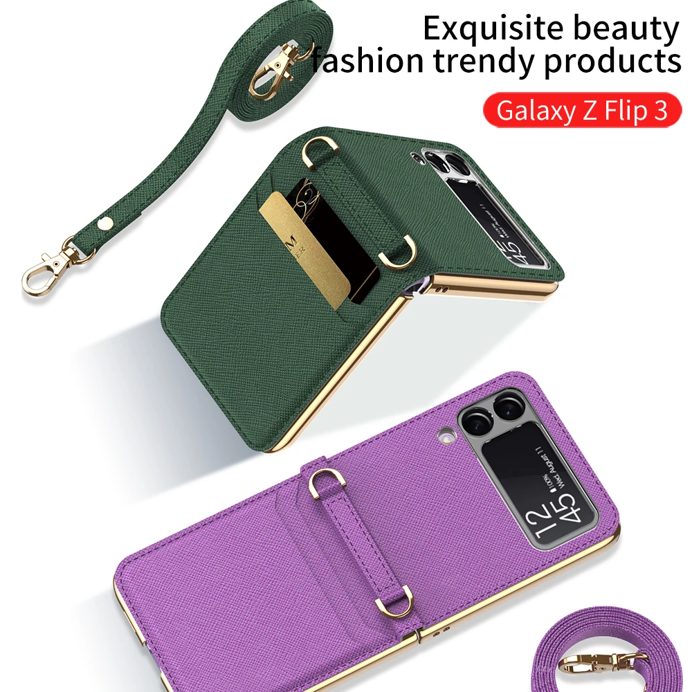 Луксозна Чанта през Рамо, Калъф за мобилен Телефон Samsung Z Flip3, Калъф с Веригата, Козметично Огледало, устойчив на удари Калъф за Galaxy Z Flip 3, Калъф