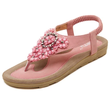 Лято 2021, сладък дамски сандали в бохемски стил с Цветя Модел и Диаманти, по-Големи Размери, Дамски Обувки На равна подметка, Модни и Ежедневни плажни Обувки за момичета, Розова