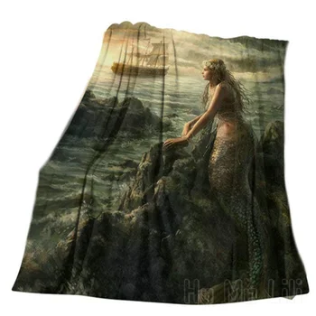 Меко И Приятно Фланелевое Одеяло Vintage Mermaid Art Пушистое Топло За Възрастни Младежки Полиестер Домашни Пътуване Къмпинг, Приложими