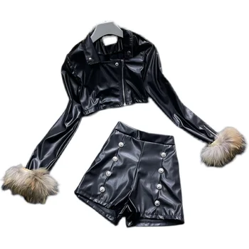 Мода есен къс яке от изкуствена кожа в мотоциклетном стил + двубортная кожена къса куртка с висока талия, дамски комплекти от две части