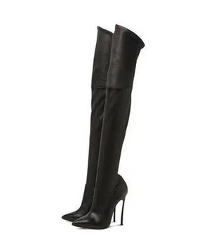 Модерни стилни дамски пикантни обикновена черна Ботфорты от Флока Над Коляното с остри Пръсти на Висок Тънък Метален Ток, модельная зимни обувки