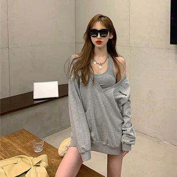 Модни свободна hoody с дълги ръкави в корейски стил, дамски есенна колекция 2020 г., нови сиви блузи с дълбоко v-образно деколте и скъсяване на върховете, комплект