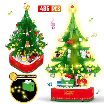 Направи си САМ Град Коледна Тема Въртящи Led Светлинен Музикална Ковчег Строителни Блокове Приятели Дърво Къща Тухли Играчки За Коледни Подаръци за Деца