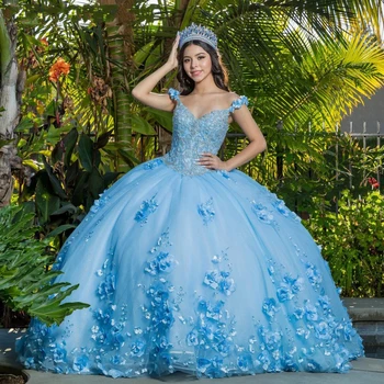 Небето-Синьо Бална рокля Пищни рокля vestidos de 15 años 2020 С Аппликацией и отворен гръб, Сладка рокля 16, Елегантни Рокли