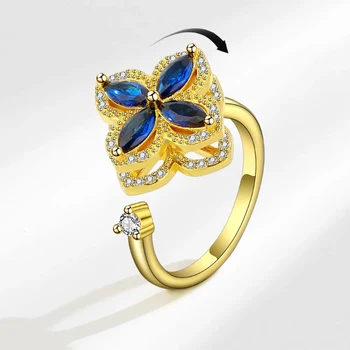 Нов блестящ въртящи двуслойни crystal син скъпоценен камък цветни пръстени за жени регулируема чар сребърни бижута, сватбен подарък