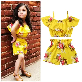 Нова Мода Лято Памучен Бебешки дрехи за деца, Тениска с Флорални Принтом + Шорти, Дрехи за момичета, Мека дрехи за малките момичета, от 2 до 7 години