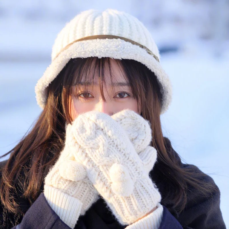 Нови Дамски двуслойни вълнени ръкавици зимни от корейска версия на едноцветни зимни женски ръкавици с всички пръсти, ръкавици без пръсти за момичета