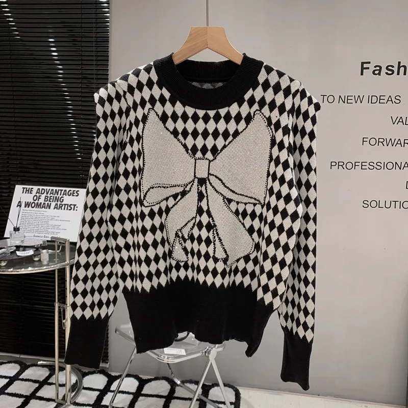 Новост в женски дрехи 2022 Зимата Темперамент Сладък диамантена кратък вязаный пуловер с лък универсален пуловер с дълъг ръкав отгоре