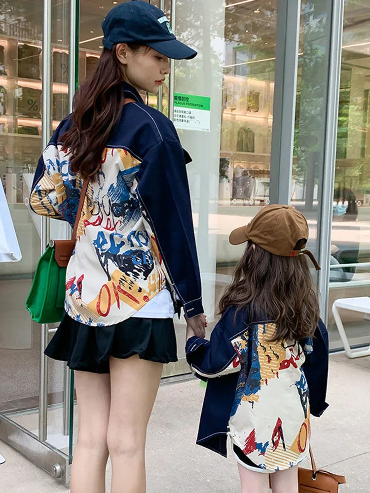 Облекло за родители и деца, Есента корейската детски дрехи 2022 година, дрехи за майка и дъщеря, деним риза с принтом за цялото семейство