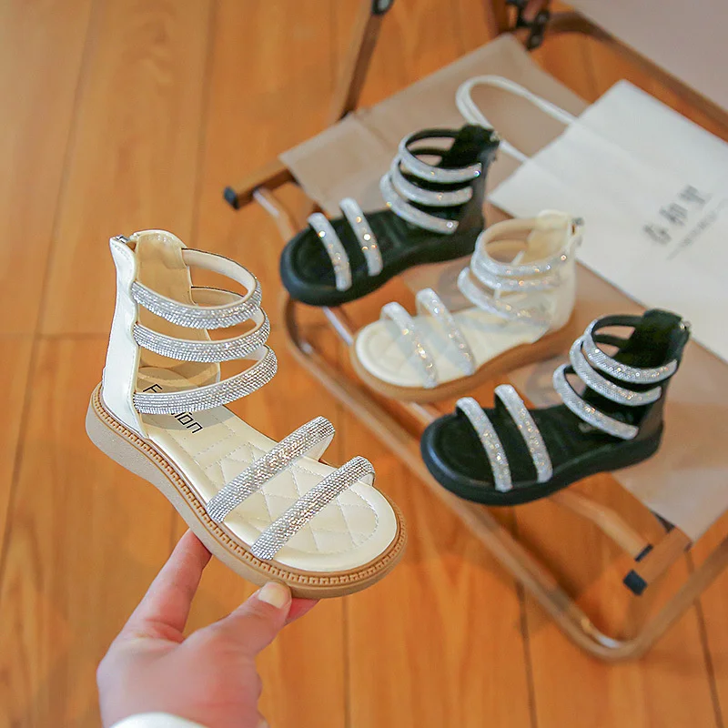 Обувки в римски стил за момичета; лятна нова детски обувки с пайети и кристали; модни детски сандали Принцеси за момичета; меки обувки с отворени пръсти