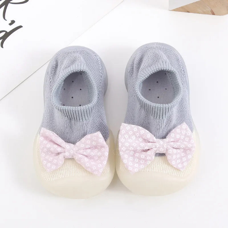 Обувки за малки момичета, Детски Противоскользящий чорап за деца с лък, Първите проходилки подметка, Еластична вязаная обувки (1-3 години)