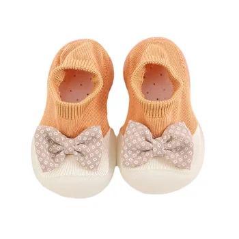 Обувки за малки момичета, Детски Противоскользящий чорап за деца с лък, Първите проходилки подметка, Еластична вязаная обувки (1-3 години)