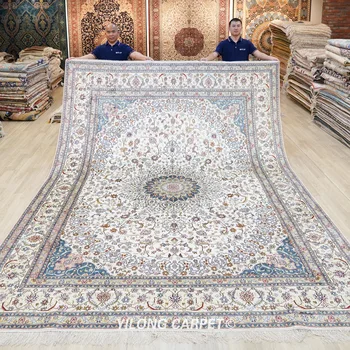 Персийски Класически Копринен Килим Yilong 9x12 инча, Голяма Реколта Бяло-синя Коприна ръчно изработени килими (ZW009M)