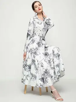Пролет 2021, нова дамска сива риза с дълги ръкави и цветисти принтом с ревери, Блуза + Дълга пола, дамски дрехи, дамски