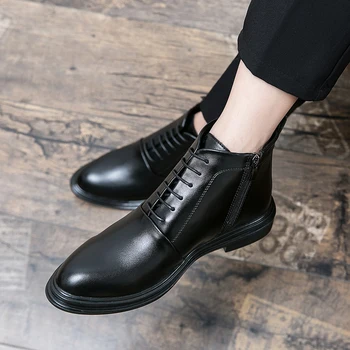 пролетната тенденция Мъжки обувки, Черни кожени обувки с кръгло бомбе, Бизнес и работни обувки, мъжки маркови италиански улични Черни ежедневни обувки кожени