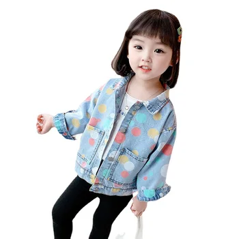 Пролетно-есенните модни дънкови якета за момичета, корейски детски дънкови палто в сладък грах с дълъг ръкав, Детски Блузи с принтом