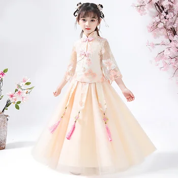 Пролетта рокля за момичета Hanfu На есен 2023, Нов Костюм Принцеса Тан с цветен Модел, Мрежест Ръкав с Бродерия, китайски стил, Древния Костюм на Феите