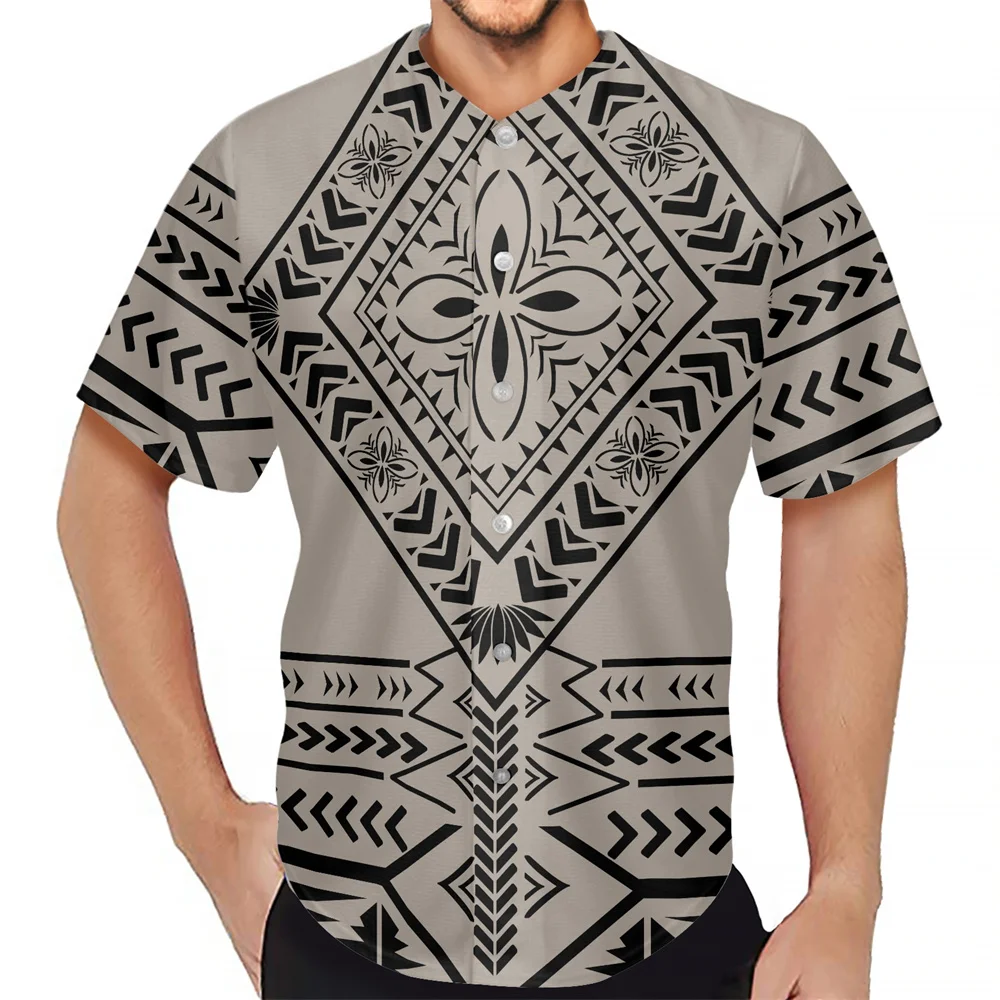 Риза с Къс Ръкав и Кръгло Деколте в Хавайски Стил, Полинезийски Tribal Черно-Жълт Принт, Лятна Дишаща Ежедневни Тениска