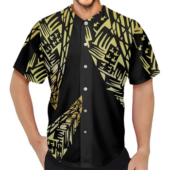 Риза с Къс Ръкав и Кръгло Деколте в Хавайски Стил, Полинезийски Tribal Черно-Жълт Принт, Лятна Дишаща Ежедневни Тениска