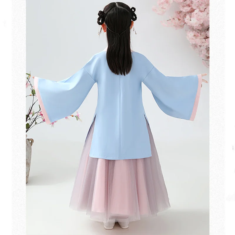 Рокля, Комплект от 2 теми, Hanfu за момичета, пролетта 2023, Нова детски дрехи, костюм от епохата на Тан, Рокли без ръкави, с бродерия в китайски стил и шал