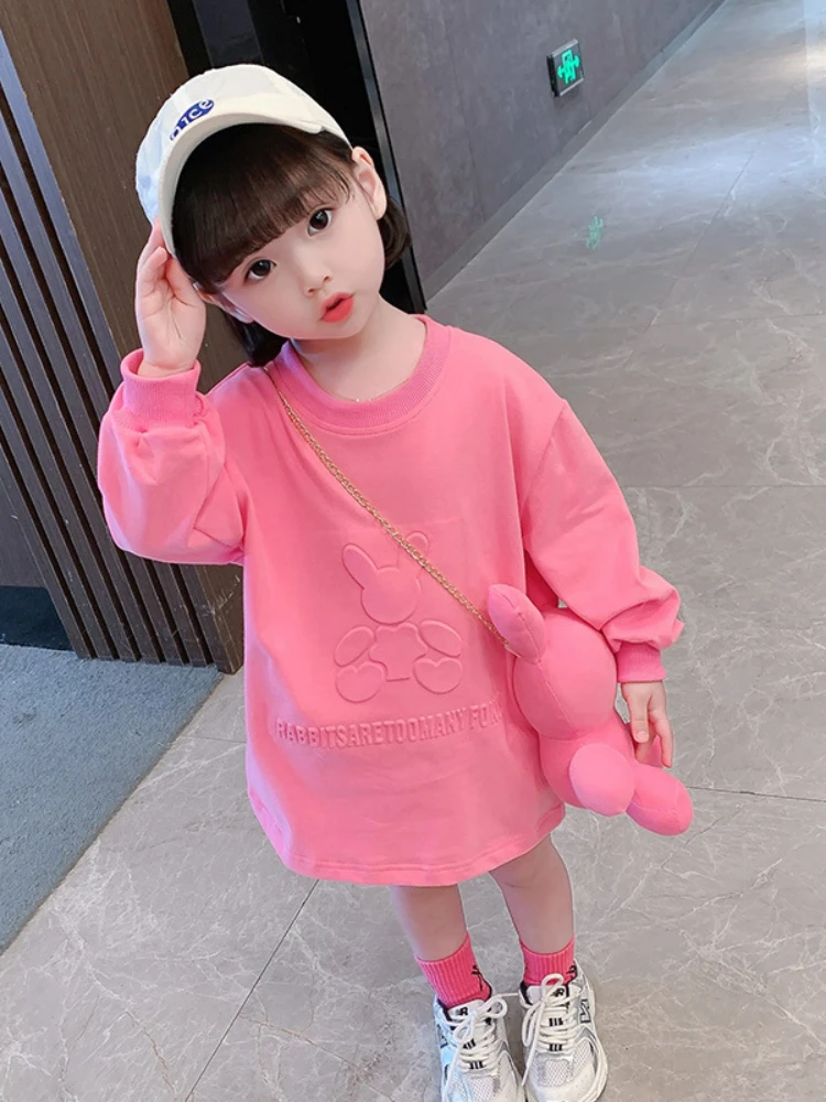 Рокля-пуловер с домакинството е заек чанта за момичета, Есенна Новост 2022 г., детска Корейската версия, рокля-риза с дълги ръкави за момичета, Детски вечерна рокля