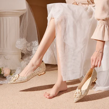 Сватбени обувки Летни дамски Обувки на плоска подметка 2022 Ново Основното рокля с Кристали За бременни Жени, сватбени обувки от висок клас, Не уморените Крака по-Долу