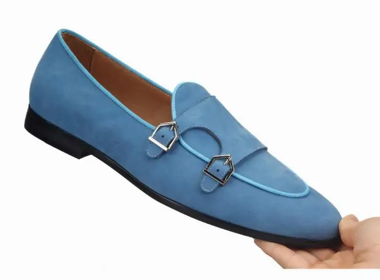 Сини велурени обувки Лоферы Мъжки Мокасини Ежедневни Обувки Модел обувки на плоска подметка Сватбени обувки с двойни Катарами Голям Размер