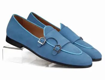 Сини велурени обувки Лоферы Мъжки Мокасини Ежедневни Обувки Модел обувки на плоска подметка Сватбени обувки с двойни Катарами Голям Размер