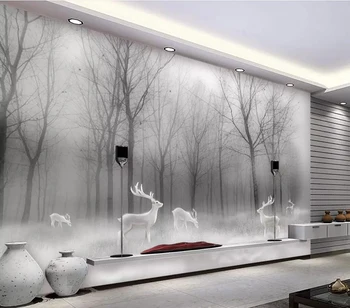 Скандинавски стил горски лосове абстрактен гора черно-бял пейзаж потребителски 3D стенни тапети