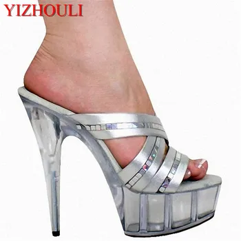 Сребристи прозрачни женски танцови обувки на висок ток 15 см, секси сандали на висок ток 6 см