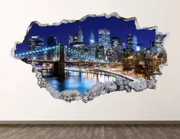 Стикер За Стена с Изглед към Ню Йорк Нощен Хоризонт 3D Разби Стенни Художествена Стикер Детски Декор Vinyl Рисувани Плакат На Поръчката Подарък KD467