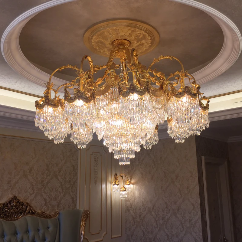 Френска чиста мед кристален полилей европейска атмосфера на луксозен дворец вила хол с трапезария и лампа спалня ретро лампи