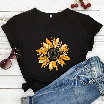 цветна леопардовая тениска с подсолнухом, реколта женска тениска с къс ръкав и графичен цветен модел, топ
