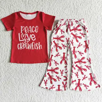 червен с писмото модел, дрехи за момичета с къс ръкав, 100% памук, висококачествен панталони с принтом омар, 2 броя, бутик за детски дрехи