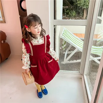 Червено вельветовое рокля за момичета, Жилетка и блуза с цветен модел, Комплекти детски дрехи, Есенни испански рокли за малки момичета, Пролетта 2022, Детски дрехи
