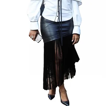 Черна Секси Пола, От Изкуствена Кожа, Дамски Модни Пола с Ресни, Благородна Асиметрична Пола със Средна Дължина, Нова Африканска Облекло