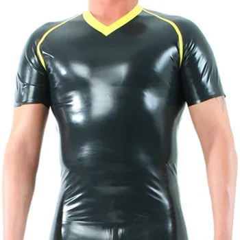 Черно-Жълта Секси Латексова Тениска с V-образно яка, Ластик Облекло yf безжичната-0254