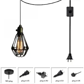 Черно Тавана лампа с щепсел кабел, Висящи осветителни тела с кабел, щепсел, ретро Потолочное осветление, Промишлени висящи лампи