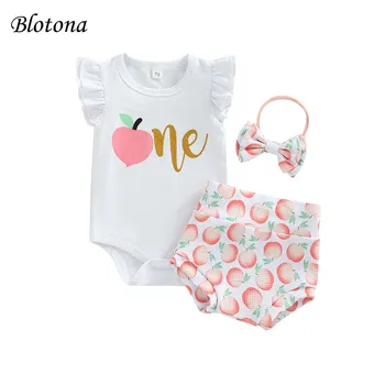 Шорти за новородените момичета Blotona, Гащеризон с кръгло деколте и дълги ръкави + Къси панталони с принтом прасковен цвят на цвят + превръзка на главата с лък, 0-24 месеца