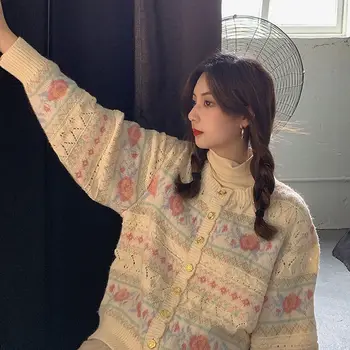 Японски нежна вязаный жилетка женски 2021 пролет и Есен Нова Ретро свободен пуловер, палто